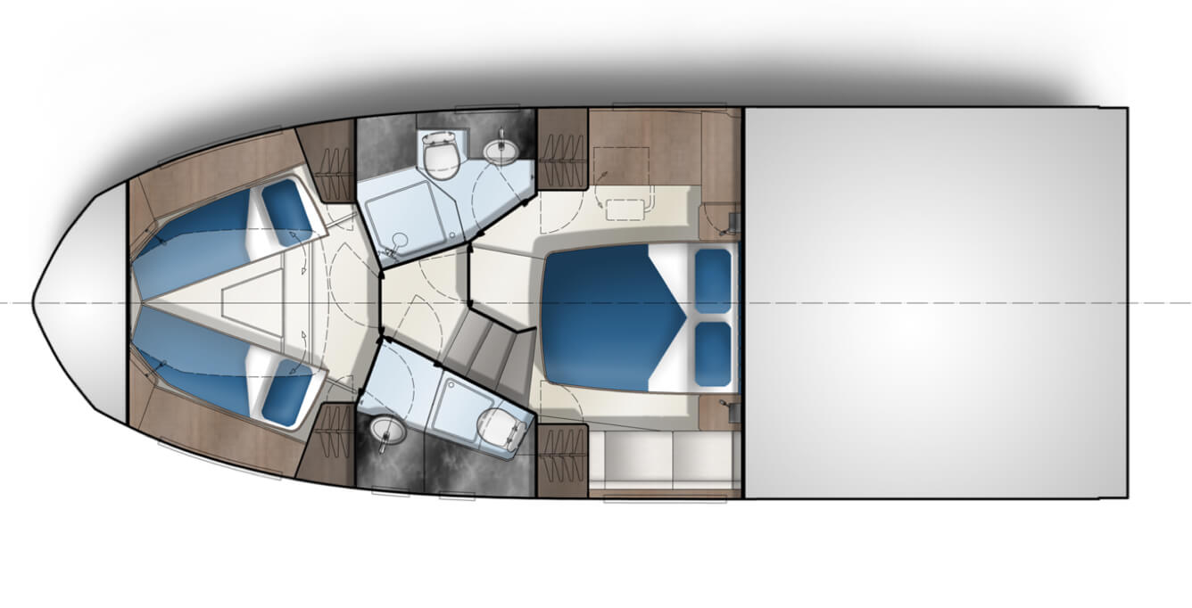 Overview map of the Galeon 400 FLY's interior rooms
