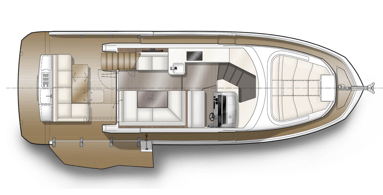 Overview of the seating areas and steering controls on the main level of the Galeon 400 FLY yacht