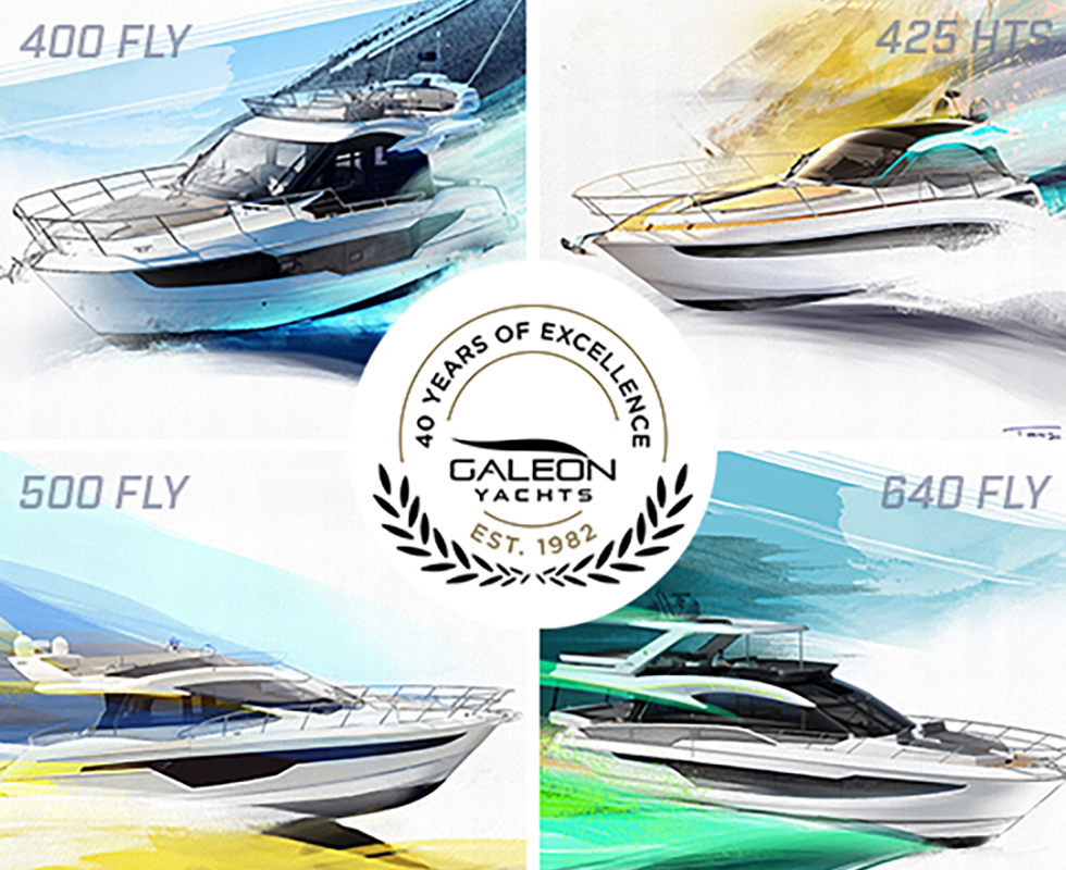 Galeon Yachts Then To Now. 8 Galeon Yachts Drawings with different color splashes on them  Galeon Yachts Then To Now. 8 Galeon Yachts Drawings with different color splashes on them