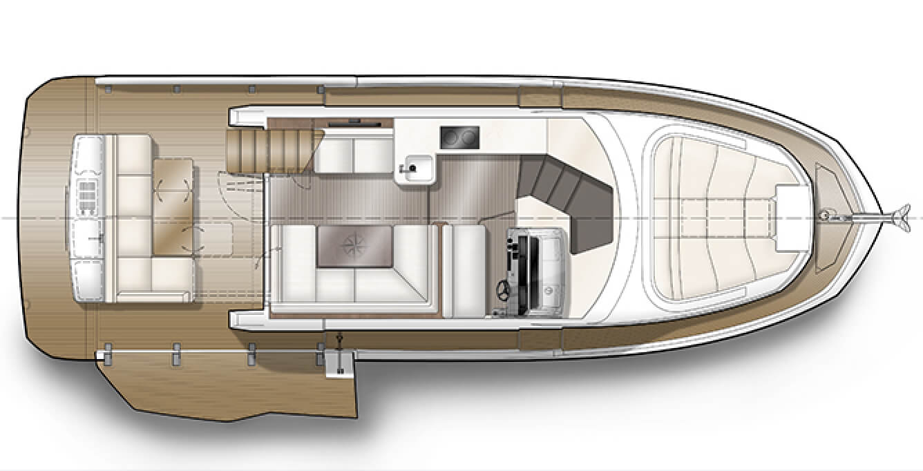 Layout of the main floor on the Galeon 410 HTC yacht with deck extender