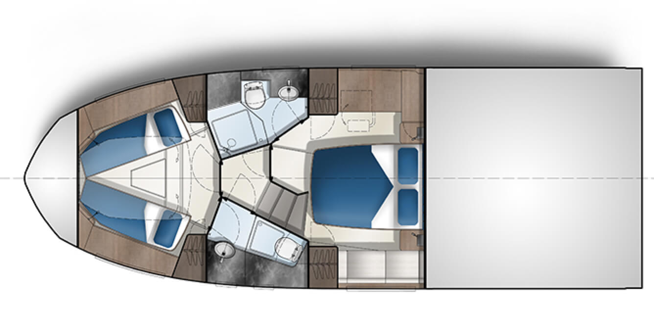 Layout of the sleeping quarters and bathrooms on the Galeon 410 HTC yacht