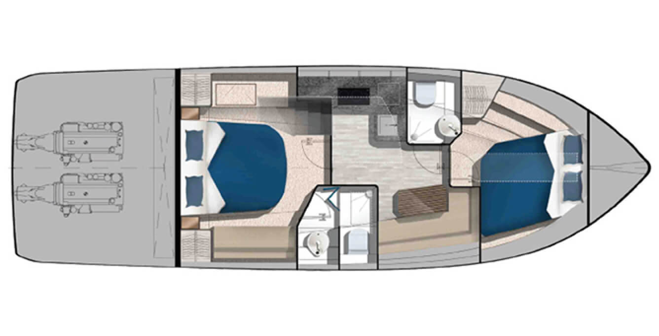 Layout of the bedrooms and bathrooms on the Galeon 425 HTS yacht, plus the engines