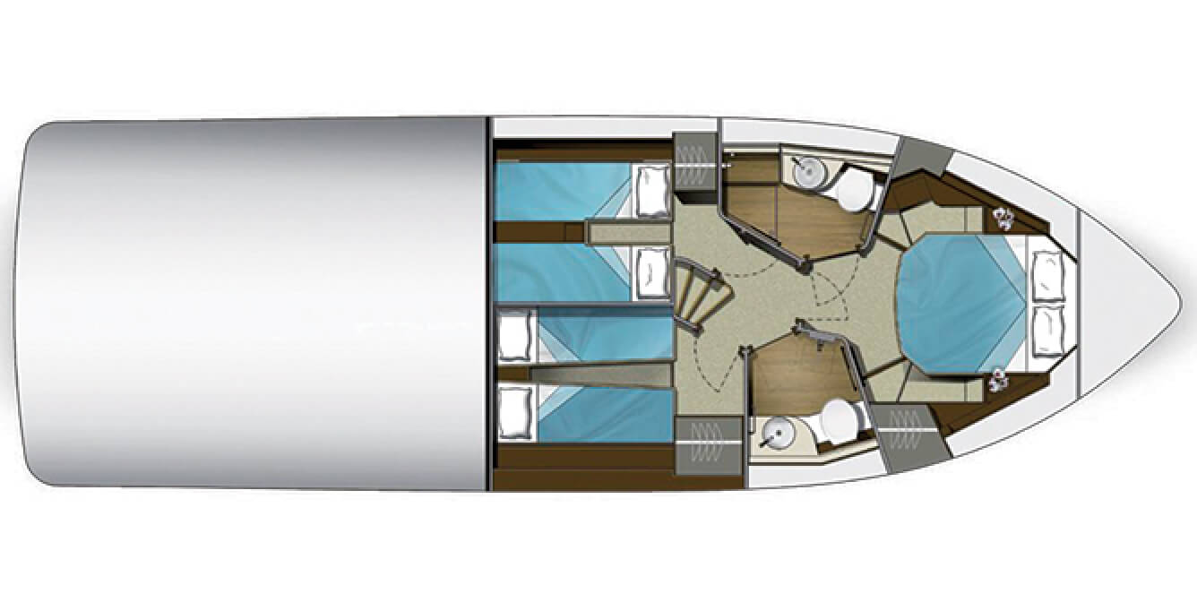 The layout of the bedrooms and bathrooms on the Galeon 430 HTC yacht