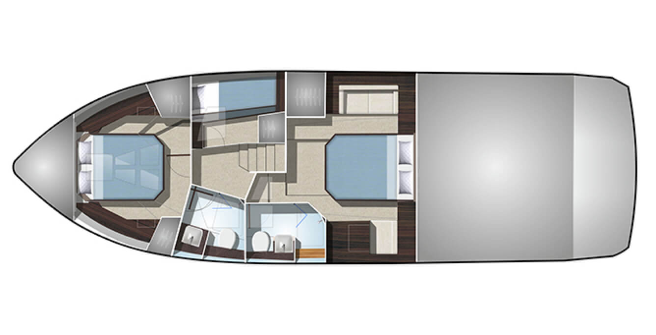 The layout of the bedrooms and bathrooms on the Galeon 470 SKY yacht