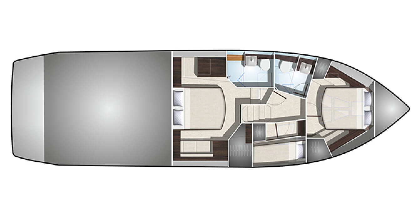 The layout of the bedrooms and bathrooms on the Galeon 510 SKY yacht