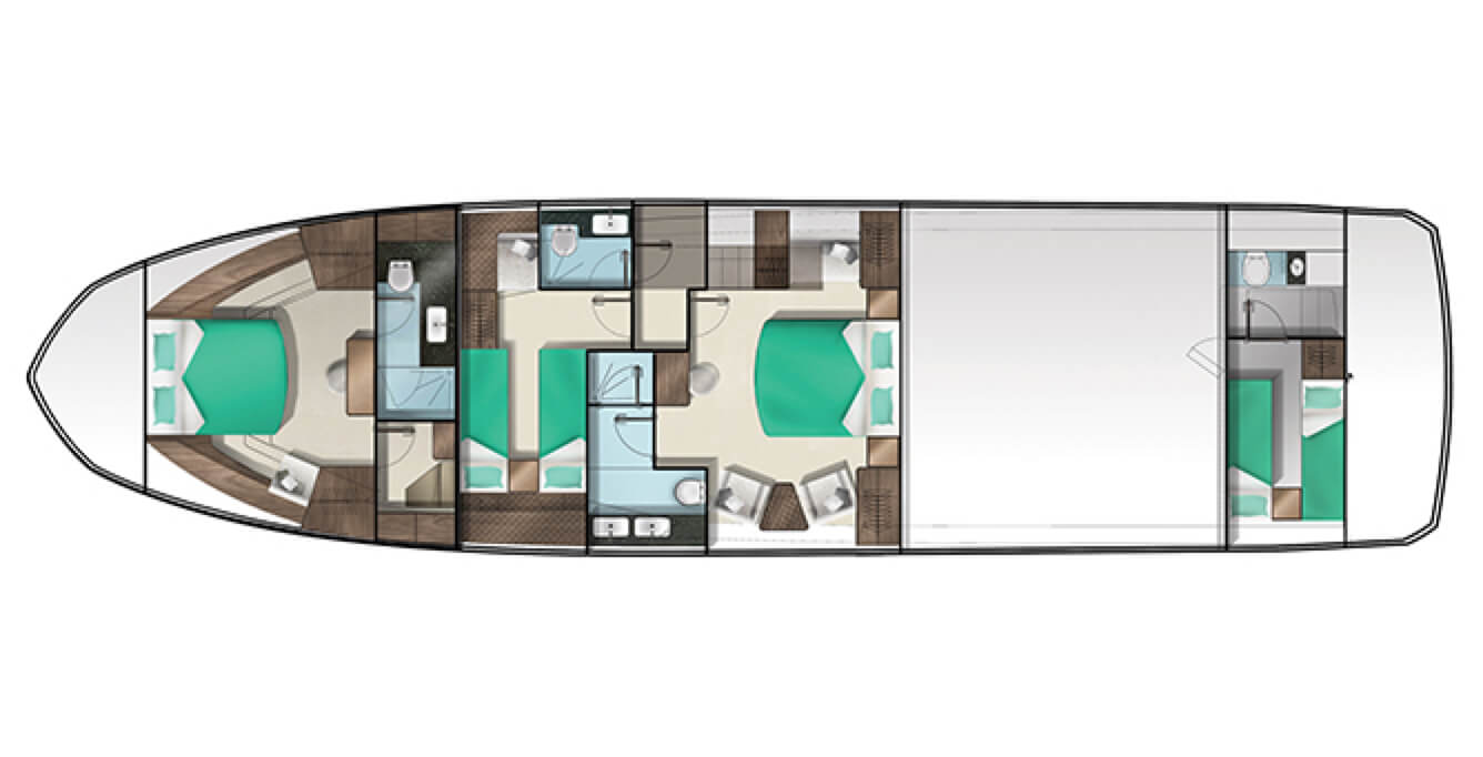 Layout of the bedrooms and bathrooms on the Galeon 640 FLY yacht