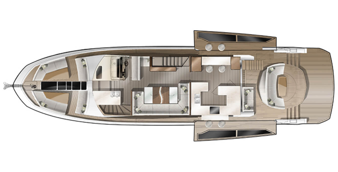 Layout of the main level on the Galeon 650 SKY yacht with deck extensions out on both sides