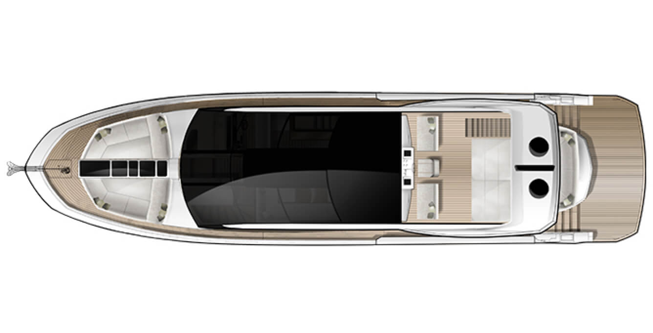 The layout of the bow, stern and sky deck on the Galeon 650 SKY yacht