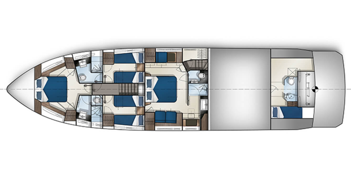 The layout of the bedrooms and bathrooms below deck on the Galeon 680 FLY yacht