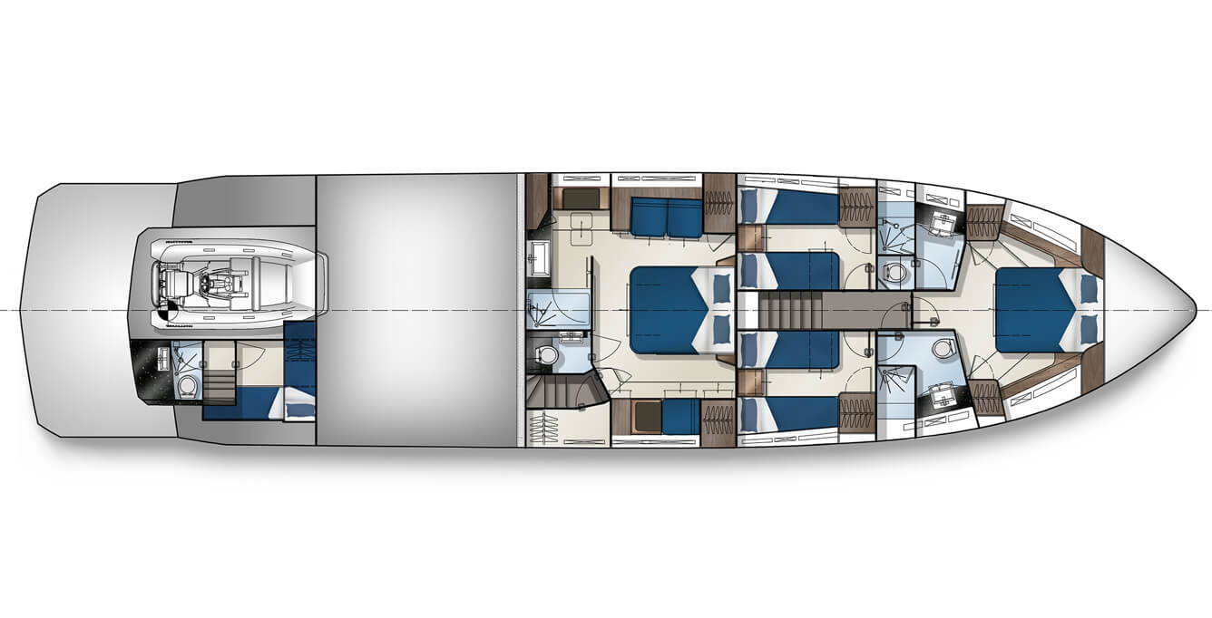 The layout of the bedrooms and bathrooms below deck on the Galeon 700 SKY yacht