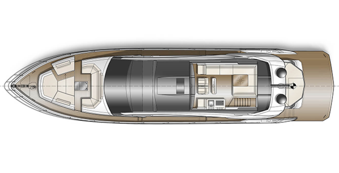 The layout of the sky deck, bow and stern of the Galeon 700 SKY yacht