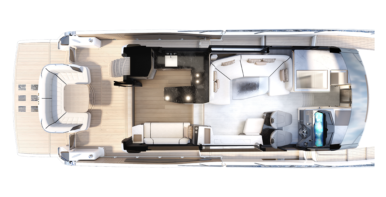 Top-down view of a 570 SKY interior featuring a spacious layout. The design includes plush seating, a kitchenette, a helm station, and a lounging area, conveying sophistication and comfort.