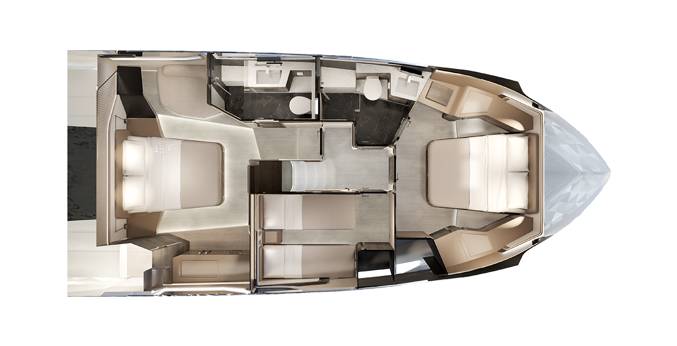 Aerial view of a 570 SKY interior layout with two double beds, a central corridor, two bathrooms, and a modern design conveying luxury and comfort.