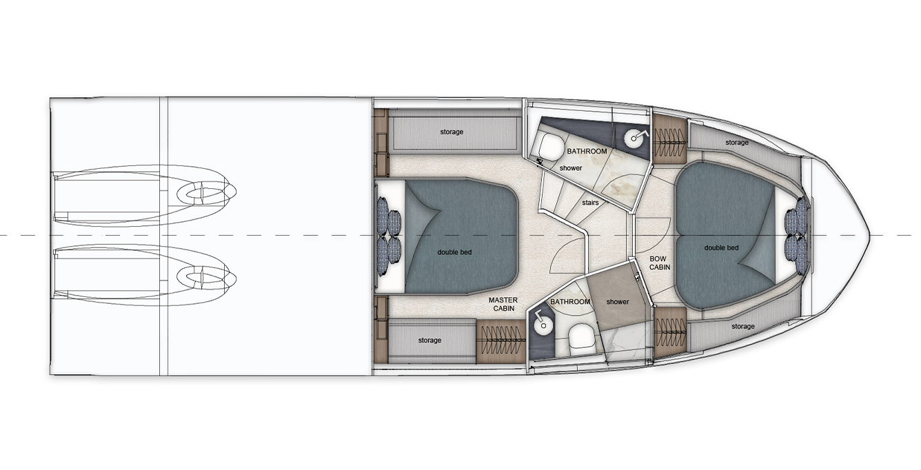 Galeon 420 FLY lower deck layout showing the master cabin, bow cabin, two bathrooms and storage areas.