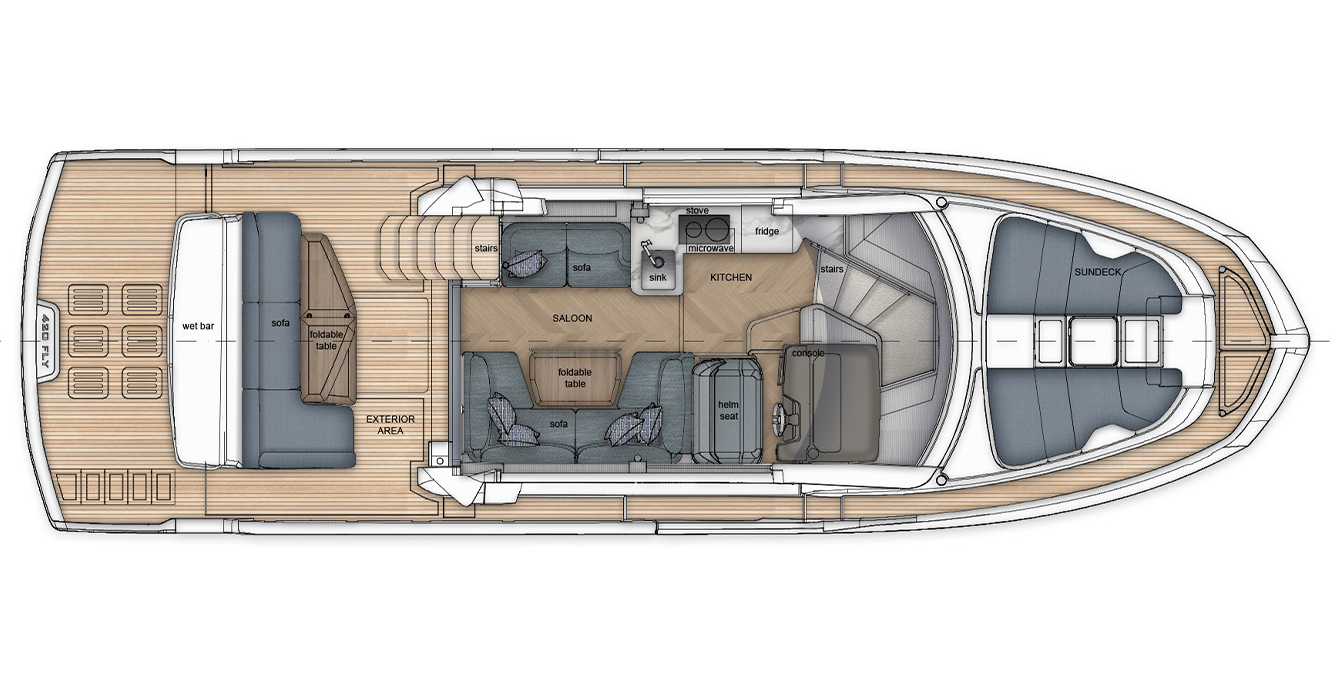 Galeon 420 FLY main deck layout showing the cockpit, salon, galley, helm and bow sun deck.