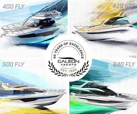 4 Galeon Yacht designs with Galeon 40th anniversary logo in the middle